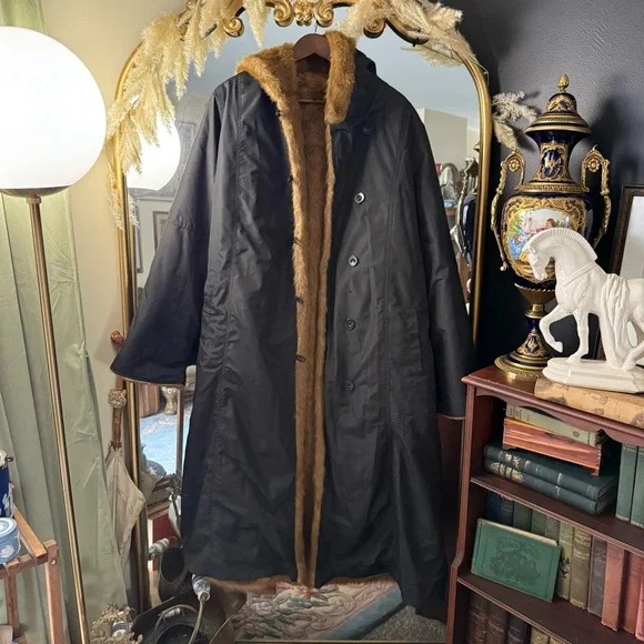 Roamans Black & Brown Reversible Faux Fur Full‑Length Trench Coat Plus Size Cozy - Picture 13 of 16